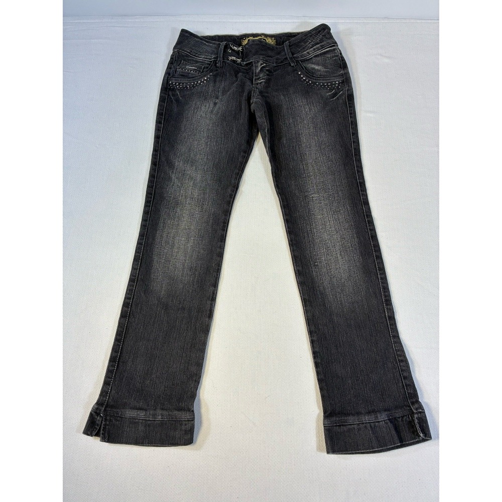 Aritmia Women's Y2K‎ Low Rise Flare Jeans Black Rhinestone Accents Size 44 Retro